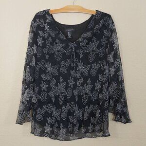 VTG Anne Carson 100% Silk Beaded Semi Sheer Top Dark Floral 2XL Whimsigoth Goth